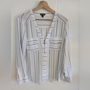 Express Women's White Blouse with Black and Pink Stripes